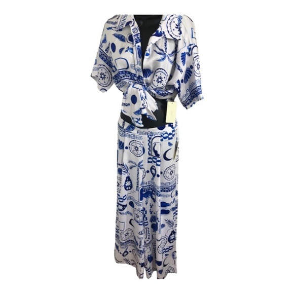 Blue white satin effect multi print‎ buttoned down shirt & pants 2pc set size  M - Picture 10 of 17